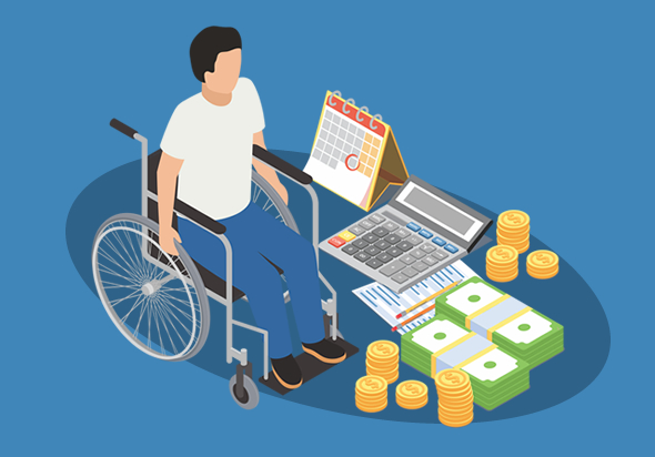 Homem em cadeira de rodas, ao lado, um calendário, uma calculadora, moedas e notas de dinheiro