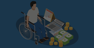 Homem em cadeira de rodas, ao lado, um calendário, uma calculadora, moedas e notas de dinheiro