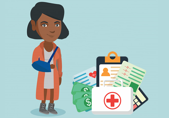 Mulher com o braço quebrado, usando tipóia, ao lado de uma maleta de médico com documentos, cédulas de dinheiro e calculadora
