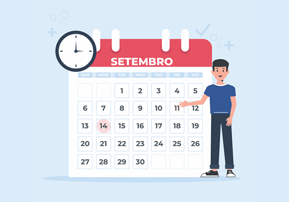 Ilustração de um homem em pé apontando para um grande calendário que está ao seu lado