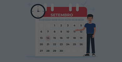 Ilustração de um homem em pé apontando para um grande calendário que está ao seu lado