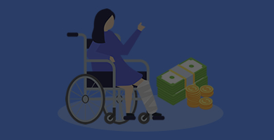 Ilustração de mulher em cadeira de rodas, com a perna quebrada, ao lado de notas dinheiro e moedas